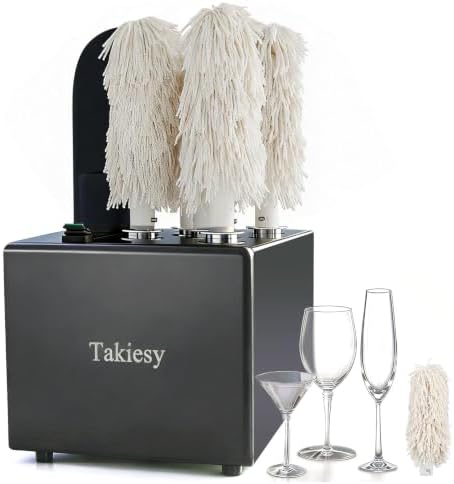 Commercial Glass Polisher Machine with 6 Microfiber Brushes, 330 Cups/Hour, 136℉ Warm Air Drying & LFGB Certified Heads, Stainless Steel Build for Wine Beer Glasses in Bar (Black SS)