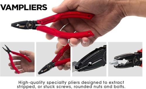 VAMPLIERS 4-PC Screw Extractor Pliers Set. Made in Japan: 8" Linesman, 7.5" Long Nose, 6.25" Black Oxide & 5" Mini Plier + Tool Pouch. Remove any Stripped/Damaged/Rusted Fasteners