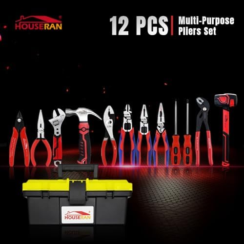12-Piece Household Hand Tool Set with Toolbox – Heavy Duty CRV Pliers, Adjustable Wrench, Rubber Mallet & Claw Hammer for Home, Garage, Automotive & DIY Projects