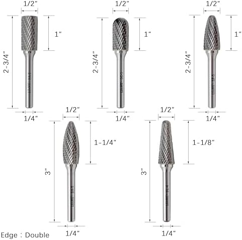 LU&MN Tungsten Carbide Burr Set, 1/2" Head 1/4" Shank, 5 Pcs