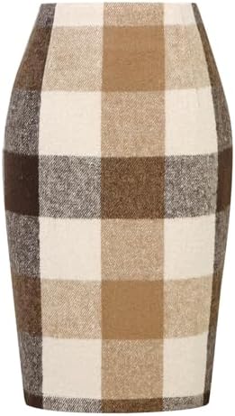 IDEALSANXUN Plaid Skirts for Women Fall Winter Knee Length Pencil Wool Skirt with Slit