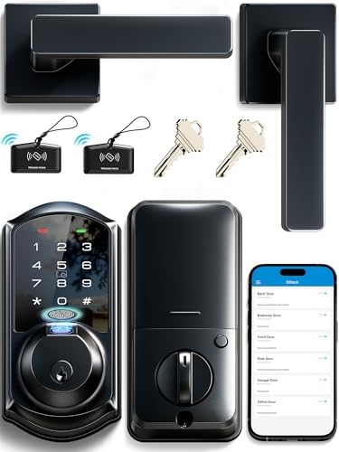 Veise VE07-L Fingerprint Smart Lock with 2 Lever Handles Set, Matte Black | 8-in-1 Keyless Entry for Front Door, App & Fob Control, Remote Access Sharing, Electronic Touchscreen Deadbolt, Auto Lock
