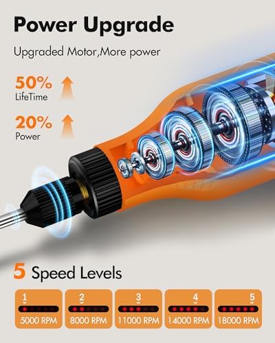 Cordless Mini Rotary Tool Set -5 Speed Multi-Purpose Rotary Tool Kit 5000-18000RPM 3.7V Rechargeable Engraving Pen with LED Light 64Pcs Accessories for DIY Craft Sanding Polishing Drilling Orange