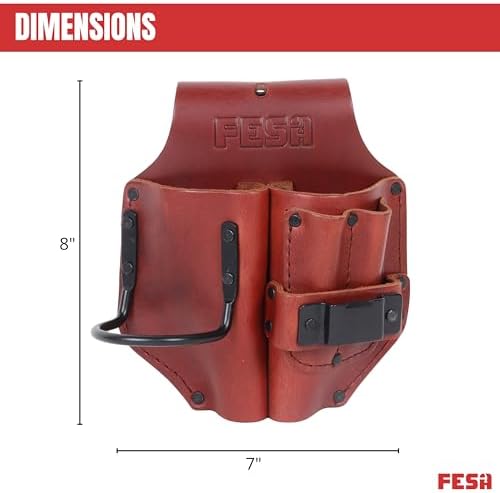FESA Durable Leather Pliers Holster - Leather Double Plier Holder for Belt with Steel Hammer Holder, Tape Clip & 2 Carpenter's Pencil Pockets - Clip On Any Belt - Handcrafted