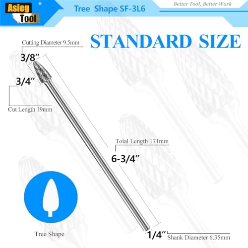 SF-3L6 Tungsten Carbide Burr Lengthened Rotary File Tree Shape Radius End Shape Double Cut for Die Grinder Drill Bits 1/4'' Inch Diameter of Shank and 3/8'' Diameter of Cutter 3/4'' Cutter Length