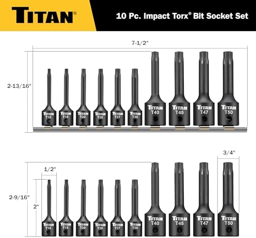 Titan 49007 10-Piece Impact Torx Bit Socket Set, Sizes T10 thru T50, S2 and 6150 Alloy Steel, Extra-long Design for Greater Reach and Access, Metal Storage Rail