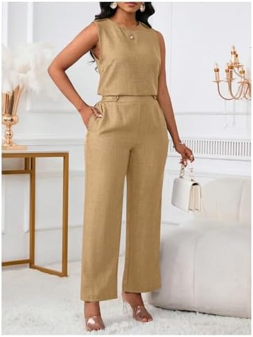 Floerns Women's 2 Piece Sets Dressy Outfits Bussiness casual Crew Neck Sleeveless Blouse and Elegant Pants Set