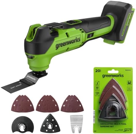 Greenworks 24V Brushless Cordless 18,000 OPM Oscillating Multi Tool Tool Only with Woodcutting Blades and Sanding Pad with Sheets Included,8 Speed Settings+20PC Multi-Tool Hook and Loop Sanding Kit