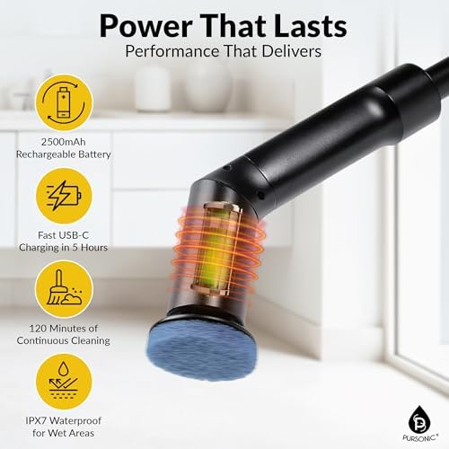 Pursonic Electric Spin Scrubber – Cordless Cleaning Tool with 7 Brush Heads, Heavy Duty Bathroom Tile Cleaner & Floor Scrubber for Tub, Sink, Wall, Kitchen, Car & Household Cleaning