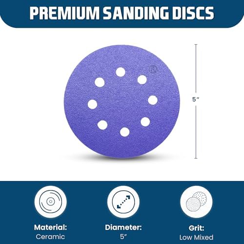 Benchmark Abrasives 5 Inch Sanding Discs Hook and Loop, Ceramic 8 Holes Adhesive Sandpaper for Surface Blending, Automotive - Orbital Sander Sandpaper (50 Discs) (Mixed Low Grits)