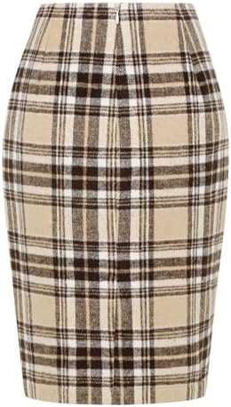 IDEALSANXUN Plaid Skirts for Women Fall Winter Knee Length Pencil Wool Skirt with Slit