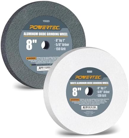 POWERTEC Bench Grinder Wheel 8 Inch 120 & 150 Grit, White Aluminum Oxide Grinding Wheel for Bench and Pedestal Grinder, 1" Thick 5/8" Arbor, Sharpening & Shaping Drill Bits, Blade, Chisel, 2PK (15554)