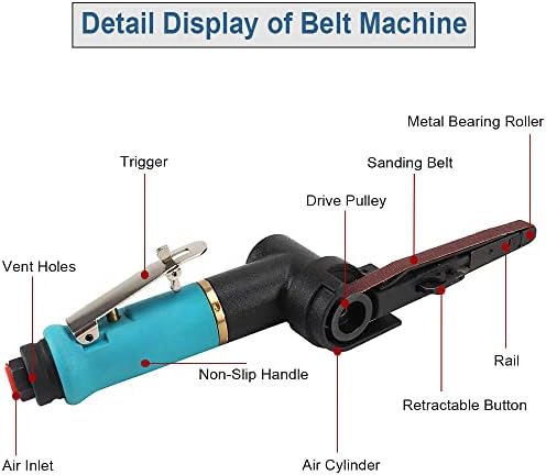 SI FANG Intensive Air Belt Sander 3/8 x 13 inch with 16Pcs Sanding Belts (Grit 40 60 80 120 each 4pcs), Mini Pneumatic Tool for Metal Wood Plastics Rubber, Providing Polishing, Stripping & Sanding