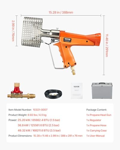 VEVOR Propane Heat Gun, Up to 187660 BTU Hot Air Gun with Adjustable Regulator, 26 FT Hose, and Hard Carrying Case, Ideal for Boat Plastic Film Shrink Wrapping, Pallet Packaging, Crafting
