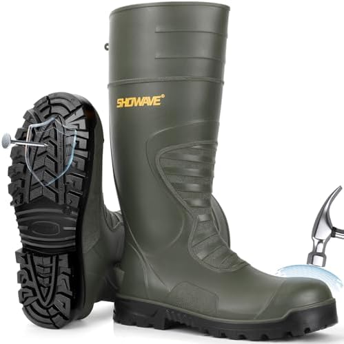 Showave Men's Rubber Boots Steel Toe Rain Boot Construction Waterproof Boot