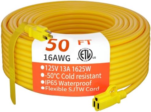 HUANCHAIN Indoor Outdoor Yellow Extension Cord 50 FT Waterproof 16/3 Gauge