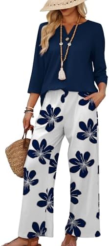 WIHOLL Two Piece Sets for Women 3/4 Length Sleeve Lounge Sets Summer Spring Vacation Travel Outfits Fashion Clothing