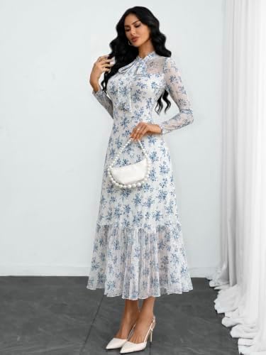 GothDark Polka dot Dress for Women Tie Neck Bow Ruffle Fall Vintage Dress