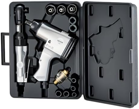 VEVOR 1/2" Air Impact Wrench & 3/8" Ratchet Wrench Combo, 19 Pieces Pro Air Tool and Accessories Kit - Includes 10PCS CR-V Steel Impact Socket Set & Carrying Case for Auto Repair, Home DIY Projects