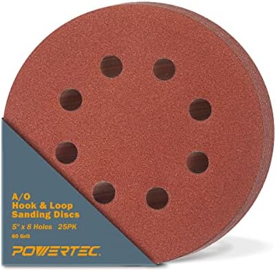 POWERTEC 25PK, 60 Grits, Sanding Discs 5 Inch - Hook and Loop, 5 Inch 8 Hole Aluminum Oxide Sandpaper Discs, Woodworking Sanding Pads for Random Orbital, Palm, Air, DA & Pneumatic Sander (45006)