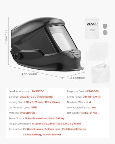 VEVOR Welding Helmet Auto Darkening, 3.94" x 3.74" True Color Welding Hood, 1/1/1/1 Solar-Powered Welder Mask 4 Arc Sensors, Wide Shade 4/5-9/9-13 for TIG MIG ARC Weld Grinding Cutting - METIS Series