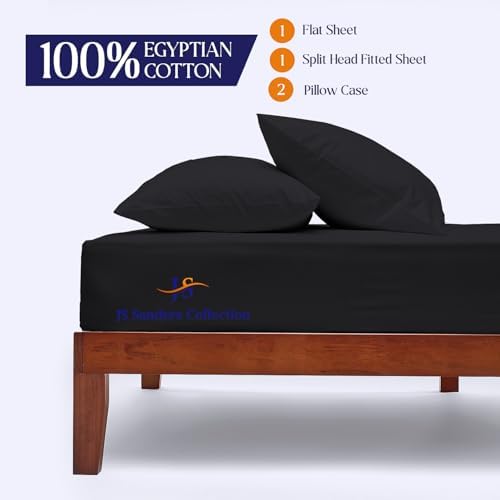 JS Sanders Collection 600TC Flex Top Queen Sheets for Sleep Number Bed - 100% Cotton 4 Pcs Top Split Queen Sheets for Adjustable Bed Queen 30 Inch Down Black -18 Inch Deep