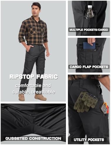 Mens Cargo Work Pants Durable Ripstop Tactical Pants with 7 Pockets Outdoor Water Resistant Hiking Woking Construction Pants