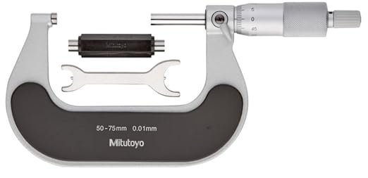 Mitutoyo 102-303 Outside Micrometer, Heat Insulated Frame, Ratchet Stop, 50-75mm Range, 0.01mm Graduation, +/-0.002mm Accuracy