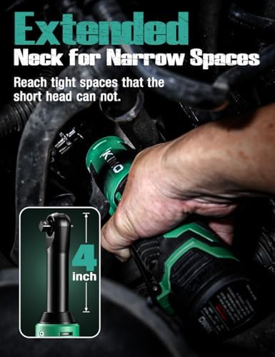 KIMO Extended Cordless Ratchet Wrench 3/8" Set, 400RPM 40Ft-Lbs 4-Inch Long Neck Electric Ratchet Wrench w/Variable Speed, 7 Sockets & 1/4" Adapter, 12V Power Ratchet Wrenches w/ 2x2.0 Ah Batteries