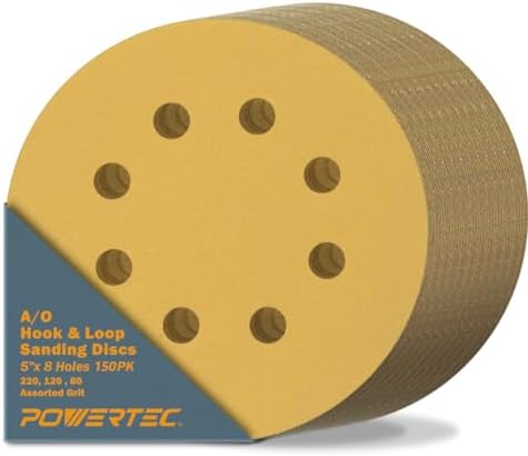 POWERTEC 5 Inch 8 Hole Sanding Discs - 80/120/220 Grits Sandpaper (50 Each, 150-Pack), Assorted 5" Hook and Loop Sanding Pads for Orbital Sander, DA Sander, Air Sander (44052G-150)