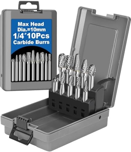 Sworker 10Pcs Carbide Burr Set 1/4 Shank w/Grey Box Max Head Dia 10mm Die Grinder Bits Rotary Tools Attachment Kit Rasp Accessories Metal Wood Stone Steel Grinding Deburring Cutting Porting Carving