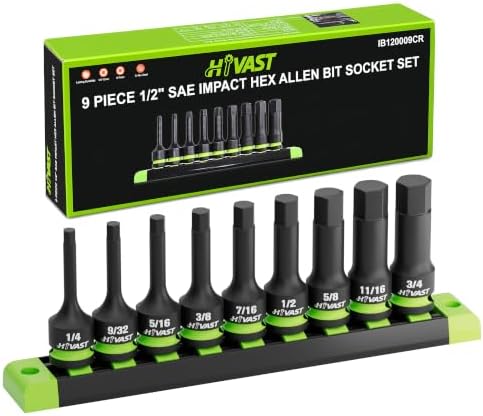 9PCS 1/2" Drive Impact Hex Bit Socket Set, SAE Cr-Mo | Heavy-duty SAE Allen socket set designed for automotive repair, mechanics and garage applications.