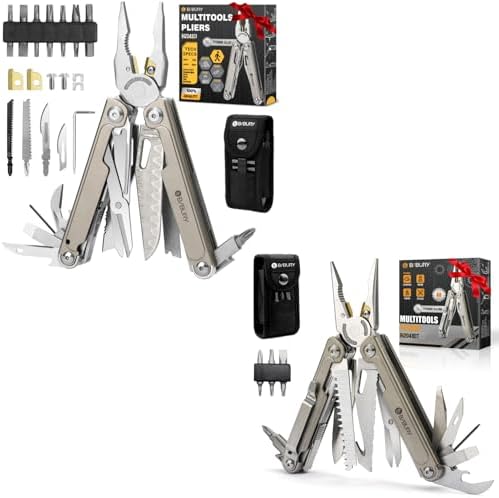 BIBURY Titanium Alloy Multitool Kit, BI2049TI with Damascus Knife, BI2048DT with Belt Clip, EDC Multi tools for men, Valentines Day Gifts for Him