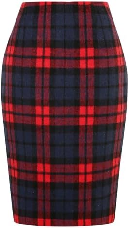IDEALSANXUN Plaid Skirts for Women Fall Winter Knee Length Pencil Wool Skirt with Slit