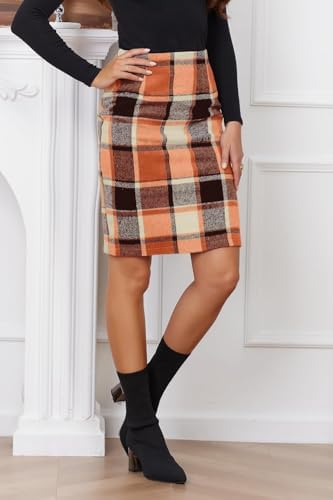 IDEALSANXUN Plaid Skirts for Women Fall Winter Knee Length Pencil Wool Skirt with Slit