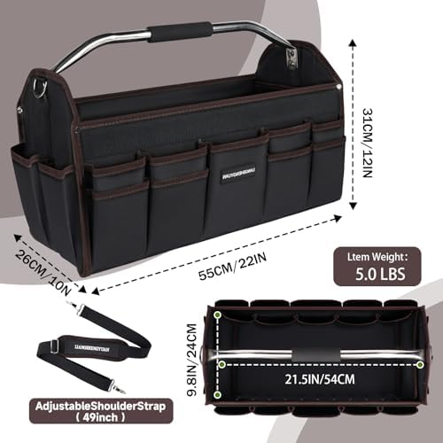 22 In Tool Carrier, Open Top Tool Tote 30 Pockets, Waterproof Tool Bag For Men, Foldable Wide Mouth Electricians Tool Bag, With Stainless Steel Handle and Removable Shoulder Strap
