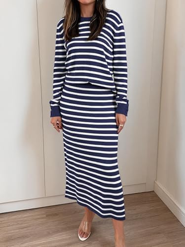 ANRABESS Women 2 Piece Striped Sweater Skirt Set
