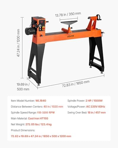 VEVOR Woodworking Lathe, 2 HP, Wood Lathe Machine with150 to 3200 RPM Variable Speed, 18 x 40 in Workbench, Brushless DC Motor, Cast Iron Body, Tool Rest, for Medium to Large Projects Woodworking