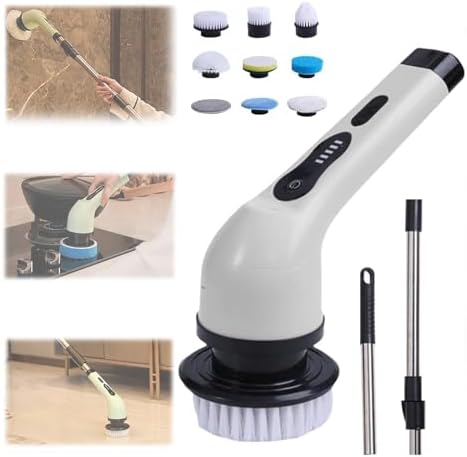 Electric Spin Scrubber, Multi-Purpose Cleaner,9 in 1 Electric Spin Scrubber,Cordless Cleaning Brush with 9 Replaceable Heads,Cordless Shower Scrubber,Adjustable and Detachable Handle(White)