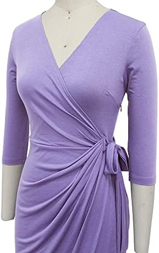 Berydress Women's 3/4 Sleeve V Neck Casual Party Work Faux Black Wrap Dress
