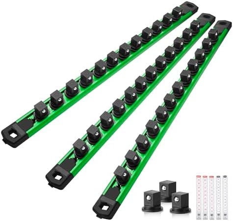 Reniteco Magnetic Socket Organizer Set, 3-Pack 1/2” Socket Rails | 36 Clips, Heavy-Duty Aluminum Alloy Rails, 360° Swivel Removable ABS Clips, Magnetic Base, Toolbox Drawer or Wall Mount