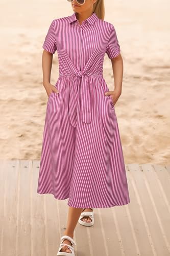 Newshows Women's Work Business Casual Outfits Tie Waist Midi Shirt Dress