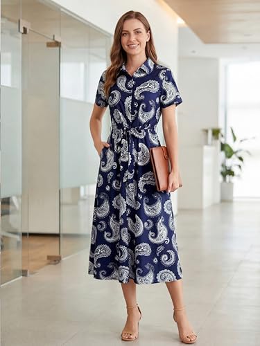 Newshows Women's Work Business Casual Outfits Tie Waist Midi Shirt Dress