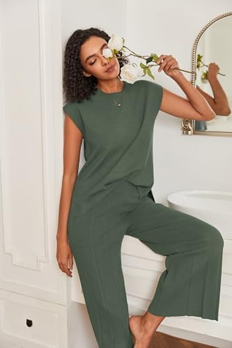 Ekouaer Lounge Sets for Women Two Piece Outfits Knit Cap Sleeve Tops Wide Leg Pleated Pants Casual Dressy Sweater Sets