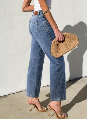 Sidefeel Women's Straight Leg Jeans High Waisted Stretchy Jeans Zimbaplatinum Wide Leg Ankle Denim Pants with Pockets