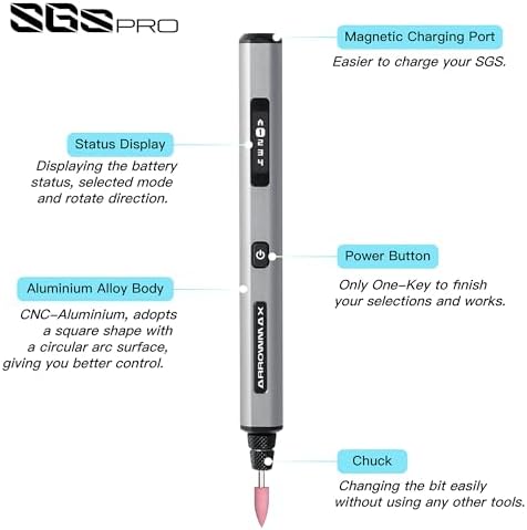 AM ARROWMAX Mini Engraving Pen, Rotary Tool with 42 Bits, Aluminum Case, Smart Motion Control, OLED, APP, Magnetic Charger, Tool Bag, Engraving Pen for Jewelry, Wood, Glass, Carving (SGS PRO Plus)