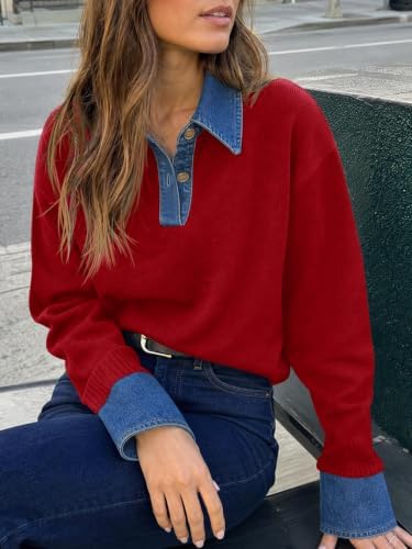 Saodimallsu Womens Denim Patchwork Sweaters V Neck Polo Pullover Tops