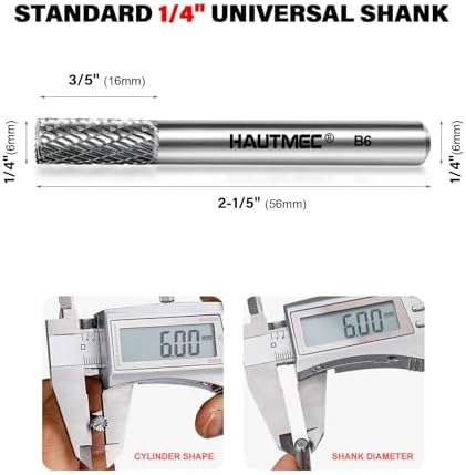 HAUTMEC Tungsten Carbide Rotary Burr Bit YG6, 1/4" Shank Double Cut Die Grinder Bit, Low Vibration Precision Rotary File for Metal Grinding, Engraving & Deburring (6MM Cylindrical), HT0196