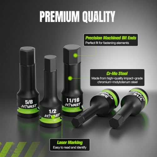 9PCS 1/2" Drive Impact Hex Bit Socket Set, SAE Cr-Mo | Heavy-duty SAE Allen socket set designed for automotive repair, mechanics and garage applications.