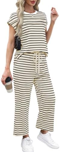 WIHOLL Two Piece Sets for Women Summer Spring Travel Vacation Outfits Cap Sleeve Lounge Matching Sets Wide Leg Pants S-3XL